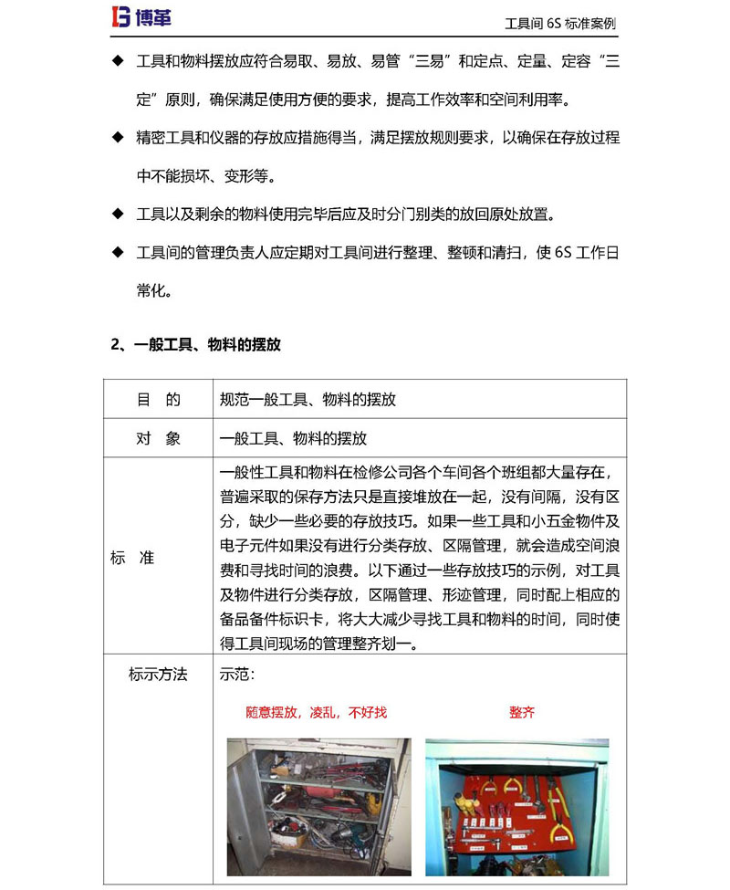 工具間一般工具，物料的擺放