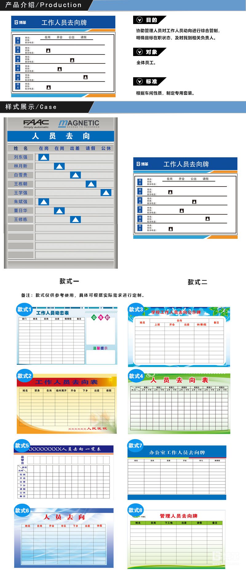 車間工作人員去向牌